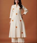 Floral Embroidered Thread Work  Cotton Kurta With Trousers