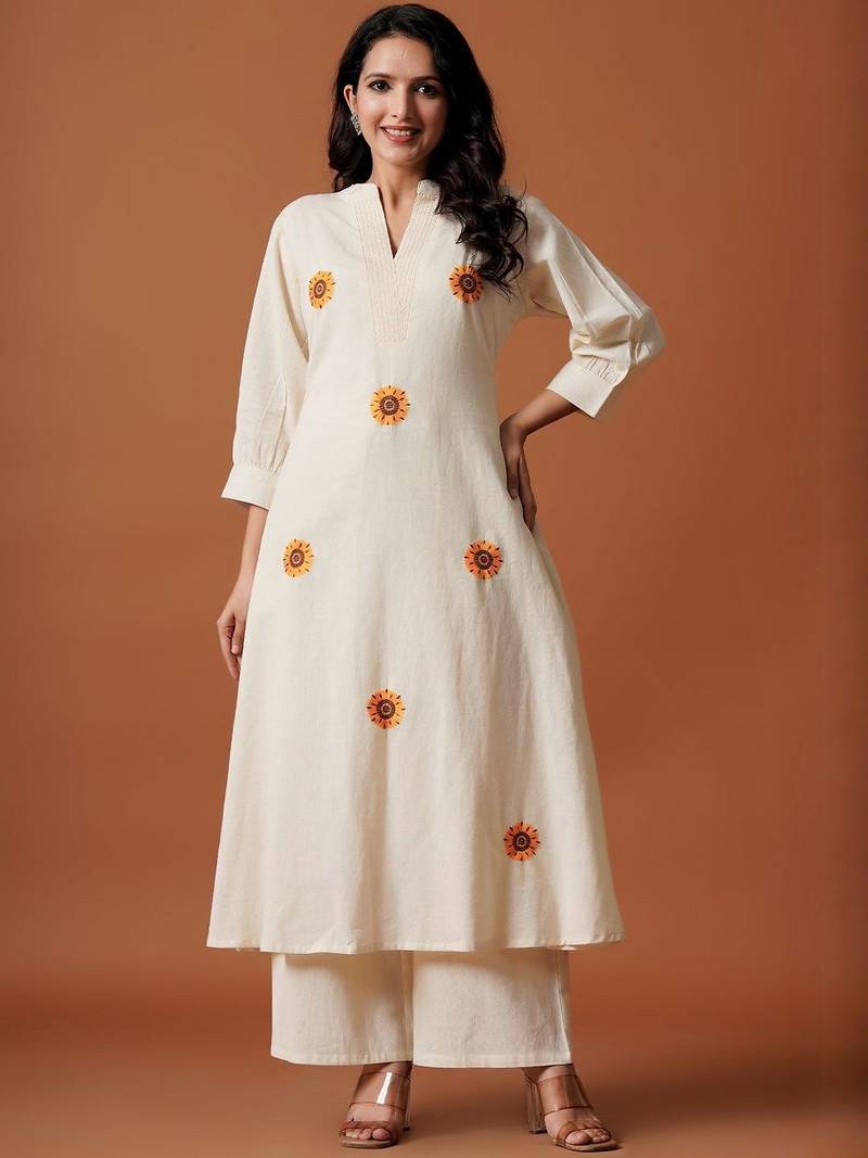 Floral Embroidered Thread Work  Cotton Kurta With Trousers