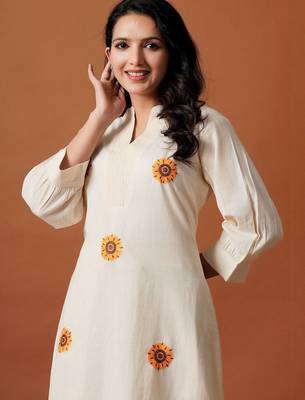 Floral Embroidered Thread Work  Cotton Kurta With Trousers 2