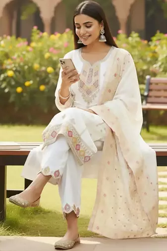 Women Ethnic Motifs Embroidered Regular Thread Work Kurta with Trousers & With Dupatta