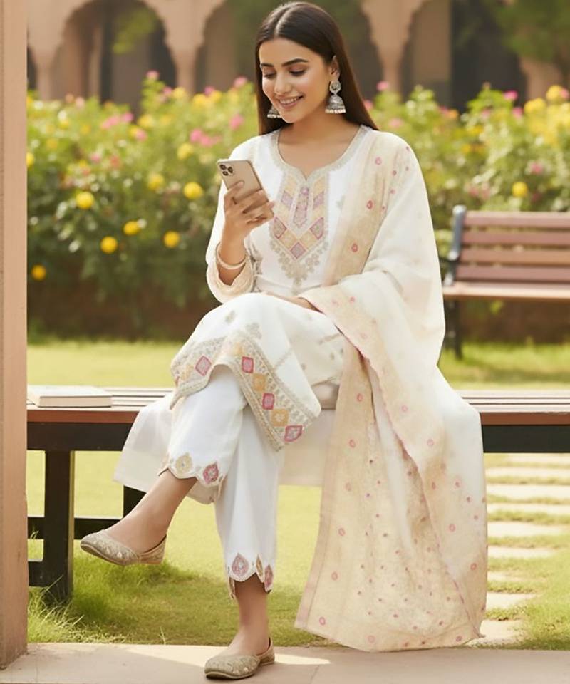 Women Ethnic Motifs Embroidered Regular Thread Work Kurta with Trousers & With Dupatta