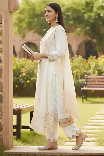 Women Ethnic Motifs Embroidered Regular Thread Work Kurta with Trousers & With Dupatta