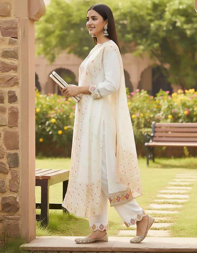 Women Ethnic Motifs Embroidered Regular Thread Work Kurta with Trousers & With Dupatta