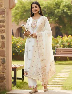 Women Ethnic Motifs Embroidered Regular Thread Work Kurta with Trousers & With Dupatta 1