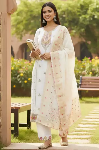 Women Ethnic Motifs Embroidered Regular Thread Work Kurta with Trousers & With Dupatta