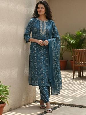 Women Ethnic Motifs Printed Regular Thread Work  Cotton Kurta with Trousers & With Dupatta 1