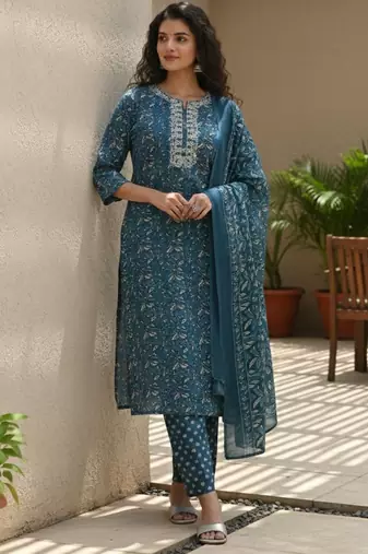 Women Ethnic Motifs Printed Regular Thread Work Pure Cotton Kurta with Trousers & With Dupatta