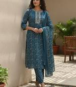 Women Ethnic Motifs Printed Regular Thread Work  Cotton Kurta with Trousers & With Dupatta