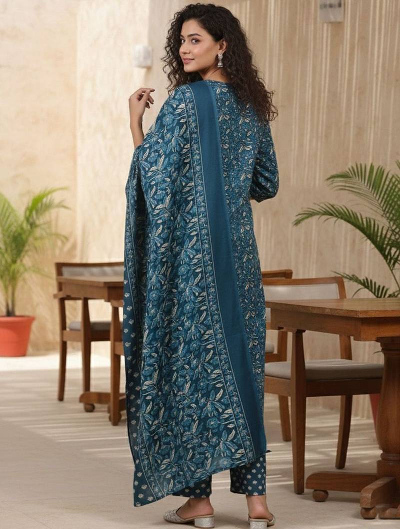 Women Ethnic Motifs Printed Regular Thread Work  Cotton Kurta with Trousers & With Dupatta