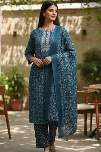 Women Ethnic Motifs Printed Regular Thread Work Pure Cotton Kurta with Trousers & With Dupatta
