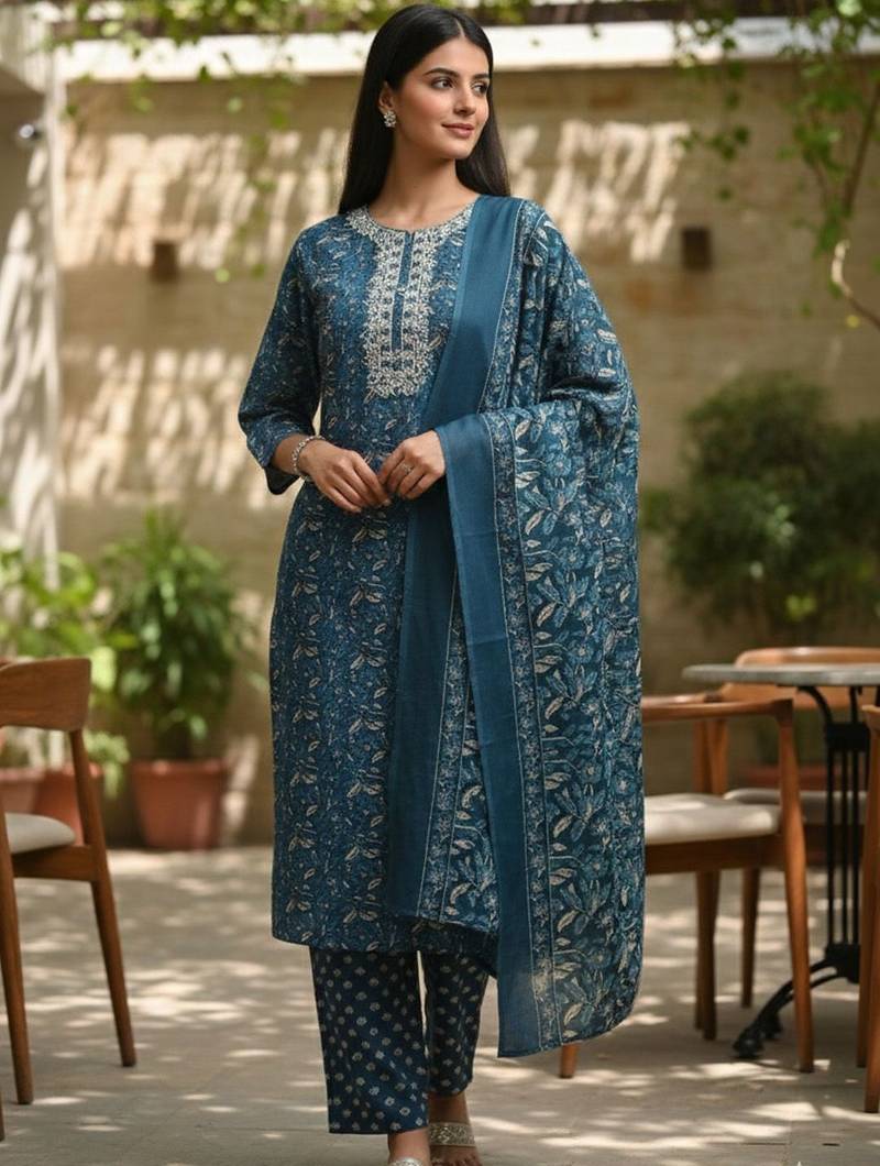 Women Ethnic Motifs Printed Regular Thread Work  Cotton Kurta with Trousers & With Dupatta