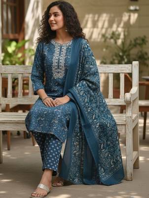 Women Ethnic Motifs Printed Regular Thread Work  Cotton Kurta with Trousers & With Dupatta 5