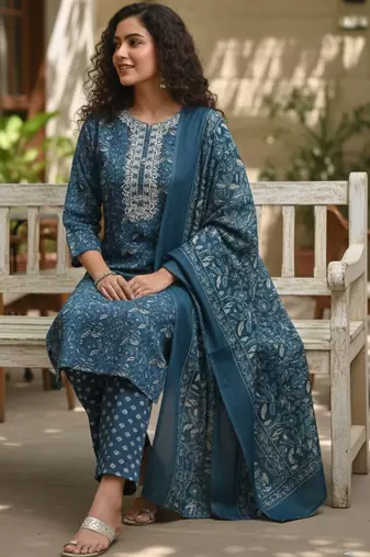 Women Ethnic Motifs Printed Regular Thread Work Pure Cotton Kurta with Trousers & With Dupatta