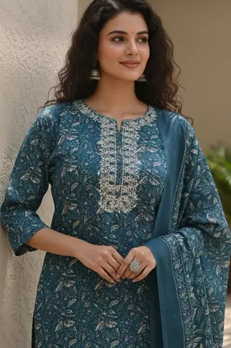 Women Ethnic Motifs Printed Regular Thread Work Pure Cotton Kurta with Trousers & With Dupatta