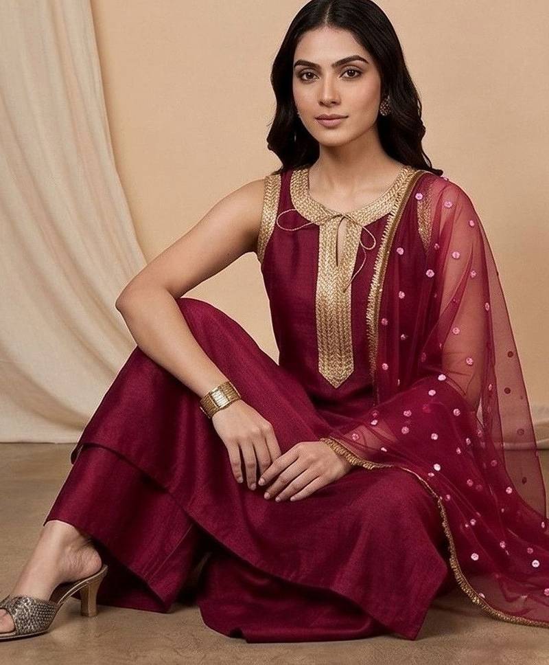 Women Regular Sequinned Kurta with Palazzos & With Dupatta