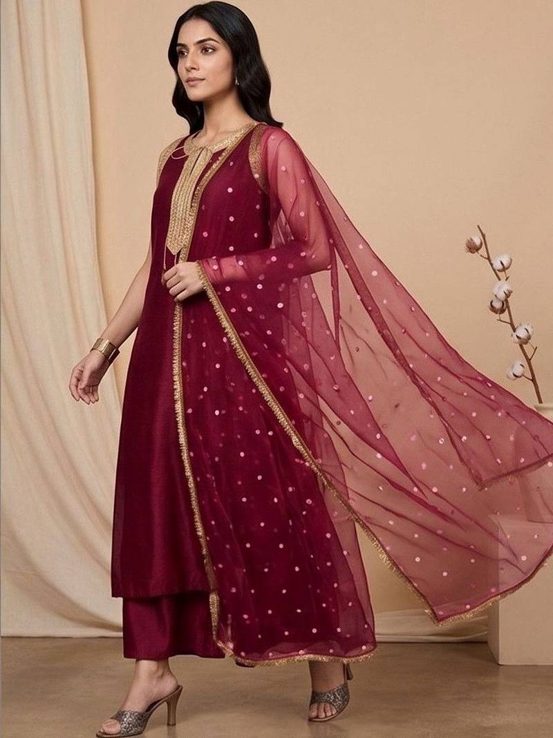 Women Regular Sequinned Kurta with Palazzos & With Dupatta