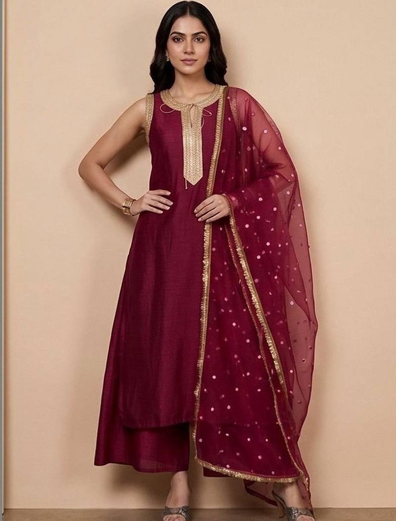 Women Regular Sequinned Kurta with Palazzos & With Dupatta