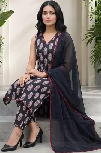Women Ethnic Motifs Printed Regular Pure Cotton Kurta with Trousers & With Dupatta