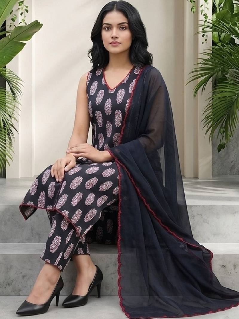 Women Ethnic Motifs Printed Regular  Cotton Kurta with Trousers & With Dupatta