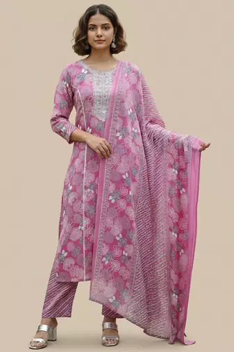 women ethnic motifs printed regular thread work  cotton kurta with trousers & with dupatta