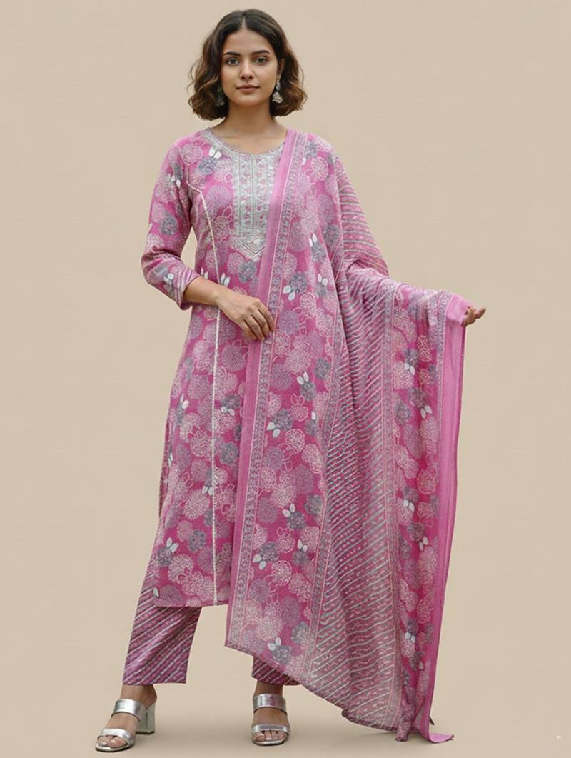 Women Ethnic Motifs Printed Regular Thread Work Pure Cotton Kurta with Trousers & With Dupatta