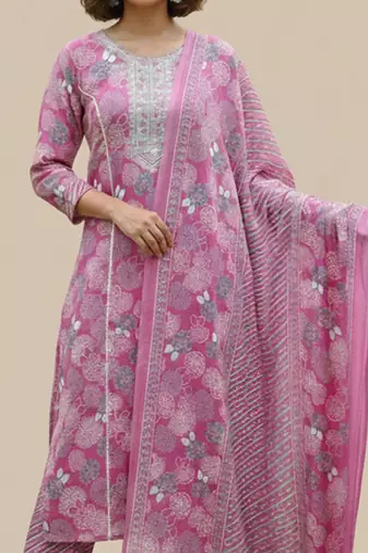 women ethnic motifs printed regular thread work  cotton kurta with trousers & with dupatta
