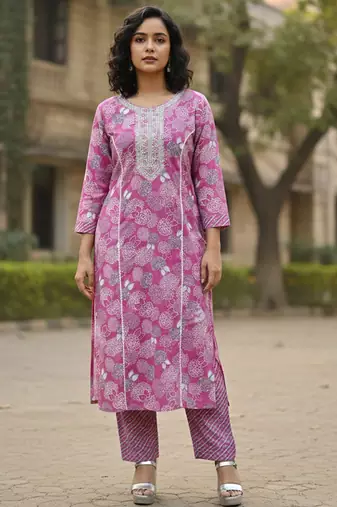 women ethnic motifs printed regular thread work  cotton kurta with trousers & with dupatta