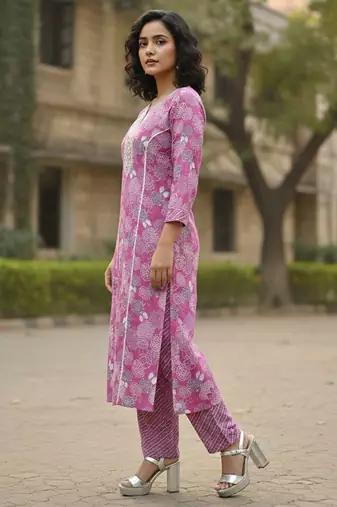 women ethnic motifs printed regular thread work  cotton kurta with trousers & with dupatta
