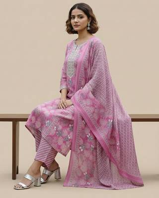 Women Ethnic Motifs Printed Regular Thread Work Pure Cotton Kurta with Trousers & With Dupatta 7