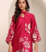 Floral Printed V-Neck Chanderi Silk A-line Kurta with Trousers