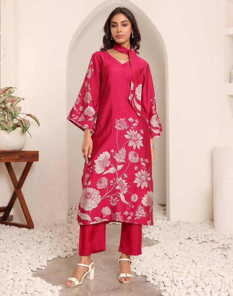 Floral Printed V-Neck Chanderi Silk A-line Kurta with Trousers