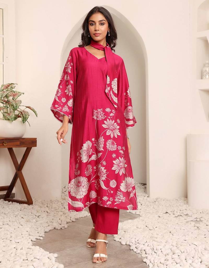 Floral Printed V-Neck Chanderi Silk A-line Kurta with Trousers