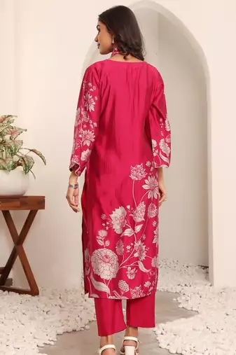 Floral Printed V-Neck Chanderi Silk A-line Kurta with Trousers