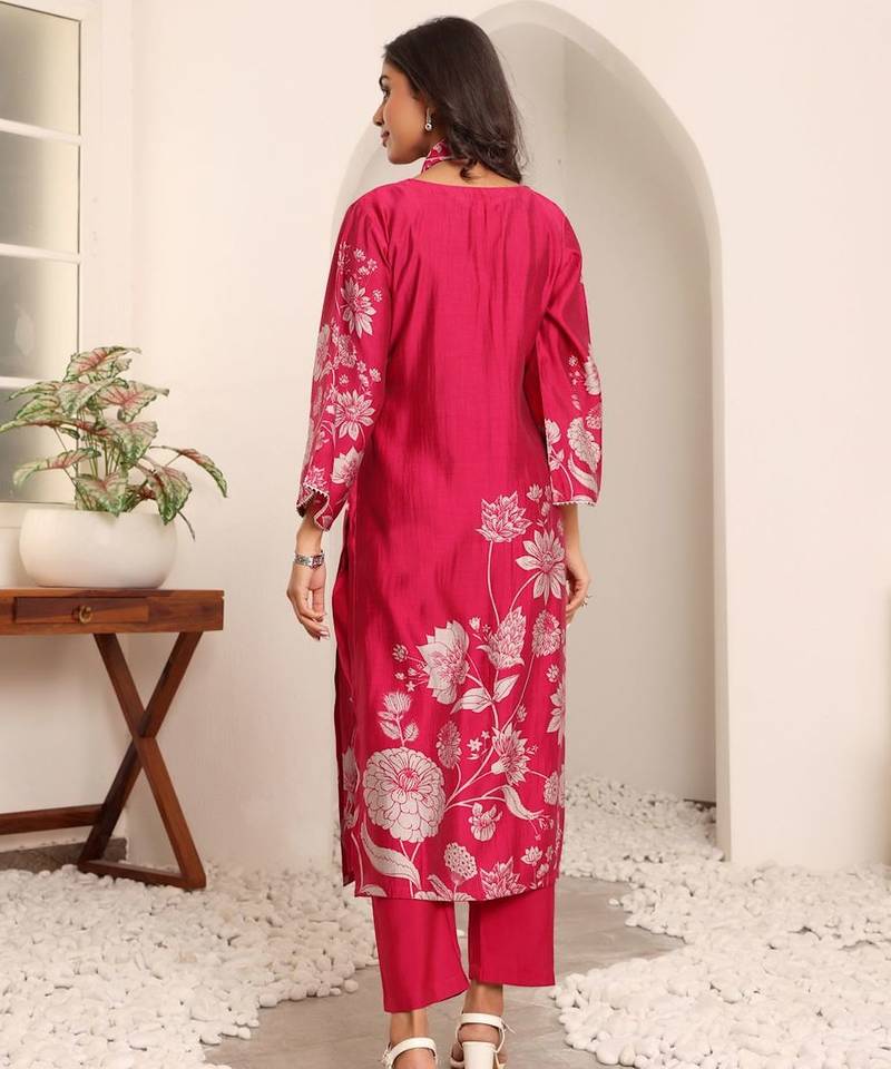 Floral Printed V-Neck Chanderi Silk A-line Kurta with Trousers