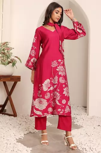 Floral Printed V-Neck Chanderi Silk A-line Kurta with Trousers