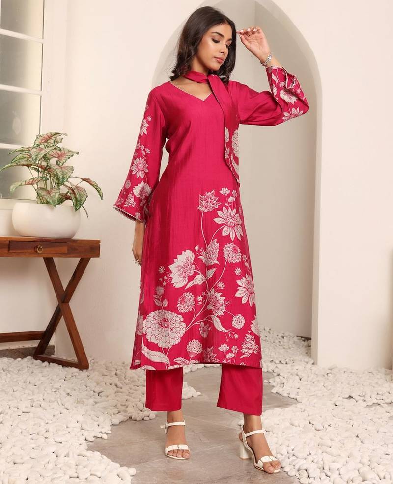 Floral Printed V-Neck Chanderi Silk A-line Kurta with Trousers
