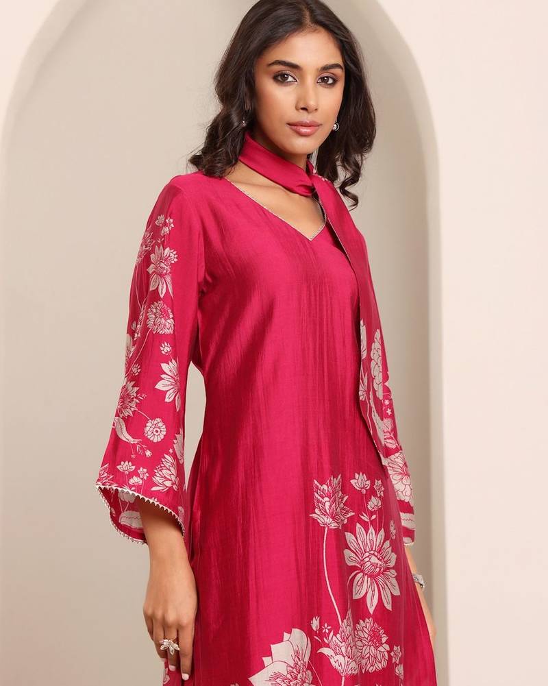 Floral Printed V-Neck Chanderi Silk A-line Kurta with Trousers