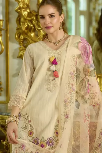 Women Floral Embroidered Regular Thread Work Pure Cotton Kurta with Trousers & With Dupatta