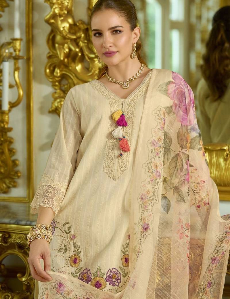 Women Floral Embroidered Regular Thread Work  Cotton Kurta with Trousers & With Dupatta