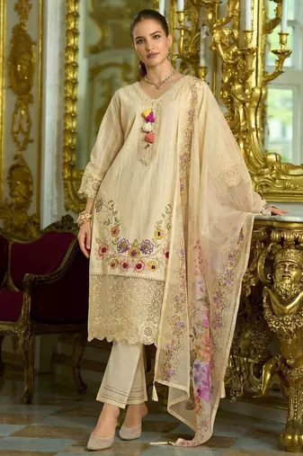 Women Floral Embroidered Regular Thread Work Pure Cotton Kurta with Trousers & With Dupatta