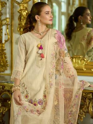 Women Floral Embroidered Regular Thread Work  Cotton Kurta with Trousers & With Dupatta 4