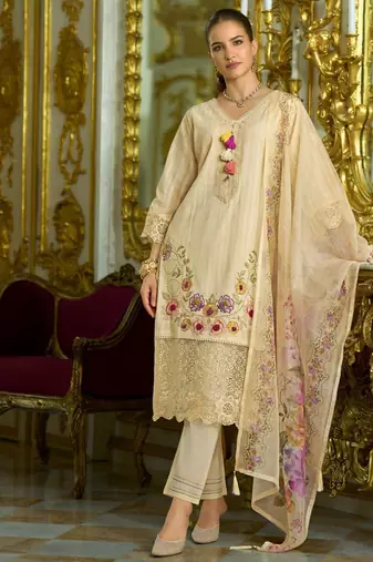 Women Floral Embroidered Regular Thread Work Pure Cotton Kurta with Trousers & With Dupatta