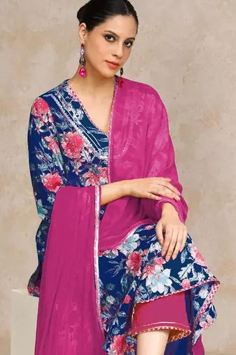 Floral Printed Gotta Patti V-Neck A-Line Kurta With Trousers & Dupatta