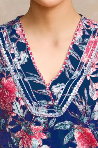 Floral Printed Gotta Patti V-Neck A-Line Kurta With Trousers & Dupatta