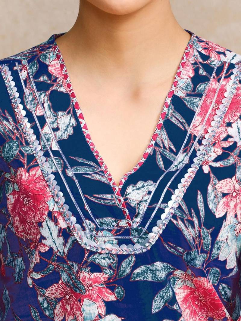Floral Printed Gotta Patti V-Neck A-Line Kurta With Trousers & Dupatta