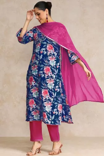 Floral Printed Gotta Patti V-Neck A-Line Kurta With Trousers & Dupatta