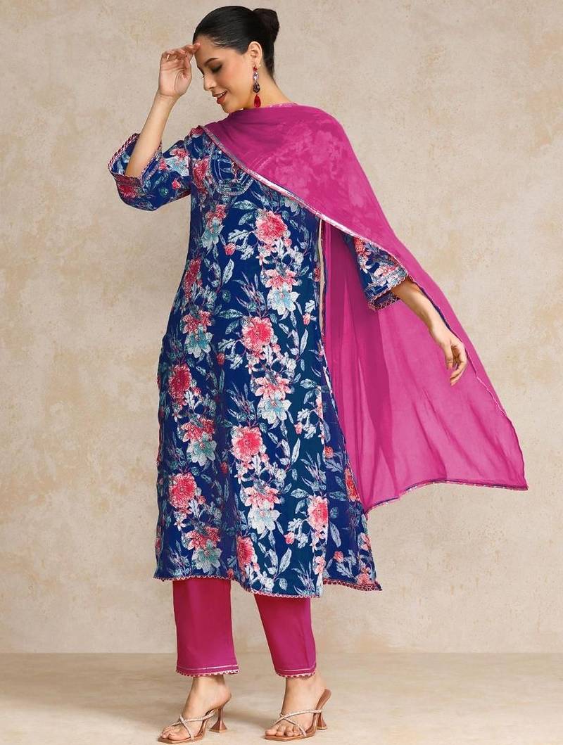 Floral Printed Gotta Patti V-Neck A-Line Kurta With Trousers & Dupatta