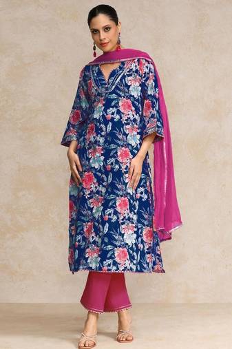 Floral Printed Gotta Patti V-Neck A-Line Kurta With Trousers & Dupatta
