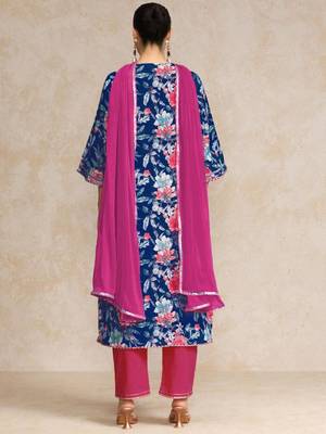 Floral Printed Gotta Patti V-Neck A-Line Kurta With Trousers & Dupatta 6
