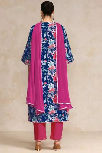 Floral Printed Gotta Patti V-Neck A-Line Kurta With Trousers & Dupatta